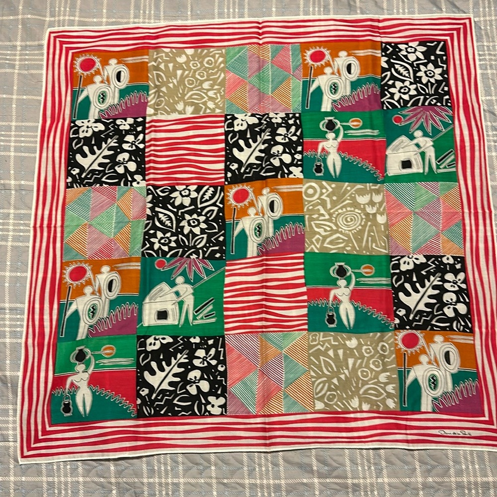 Oscar de la Renta Wonderfully Whimsical Multicolor "Museum Tour" Cotton Scarf